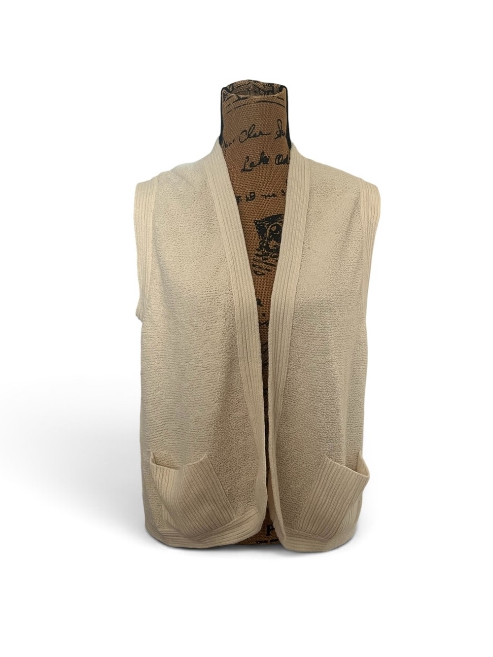 VTG 60s 70s Cream Acrylic Blend Looped Knit Open Front Sweater Vest Women’s M